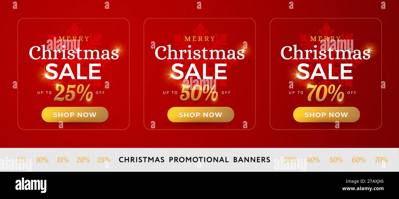 Merry Christmas Sale Werbebanner Vorlagen Set – Weihnachtsrabatte 25 % 50 % 70 % Rabatt und Button jetzt kaufen. Gold- und Rottöne - Vektor-illu Stock Vektor