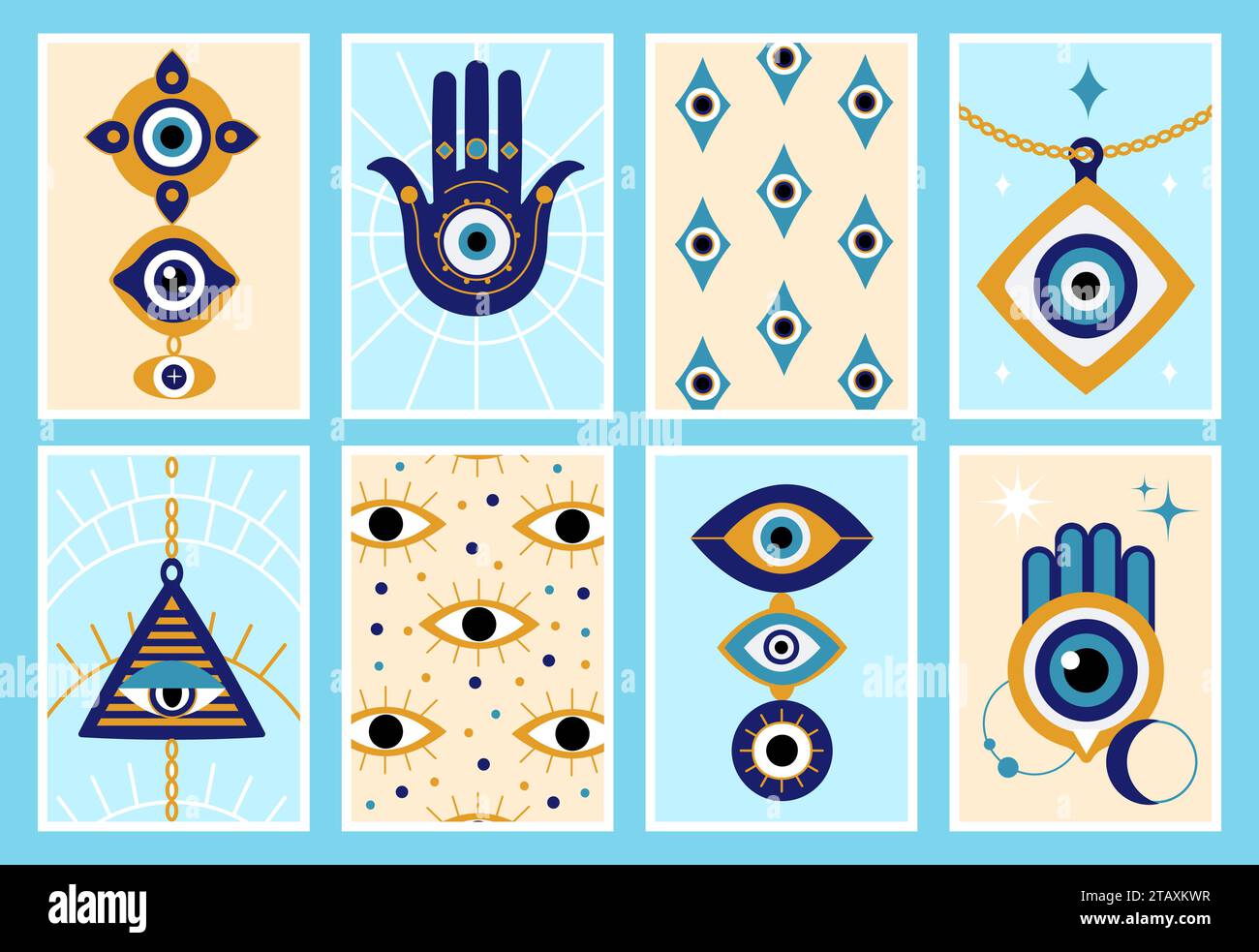 „Evil Eye Covers“-Design. Türkische Schutzsymbole, griechischer abstrakter Talisman. Zeitgenössische dekorative Karten Grafikkunst, anständige Vektorbanner Stock Vektor