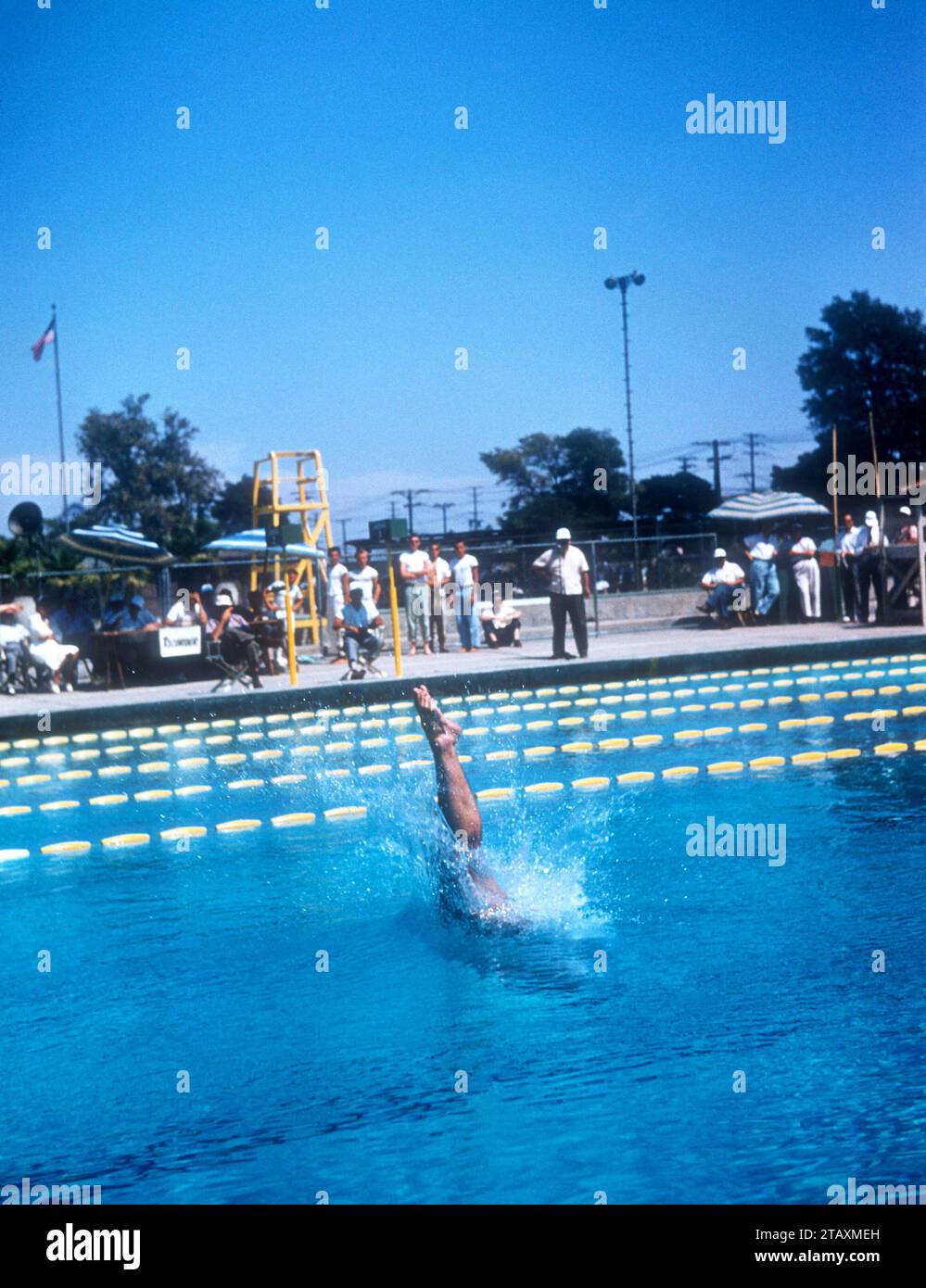 LOS ANGELES, KALIFORNIEN – 20. JULI: Joaquin Capilla (1928–2010) aus Mexiko taucht während der Senior Men's National A.A.U. Diving Championships am 20. Juli 1955 in Los Angeles, Kalifornien. (Foto von Hy Peskin) *** örtlicher Bildtitel *** Joaquin Capilla Stockfoto