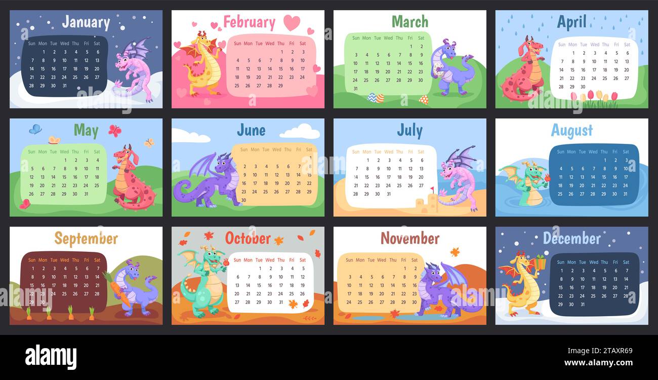 Drachenkalender für Zeichentrickfilme. Wandkalender nette lustige Drachen Inhalt, chinesisches 