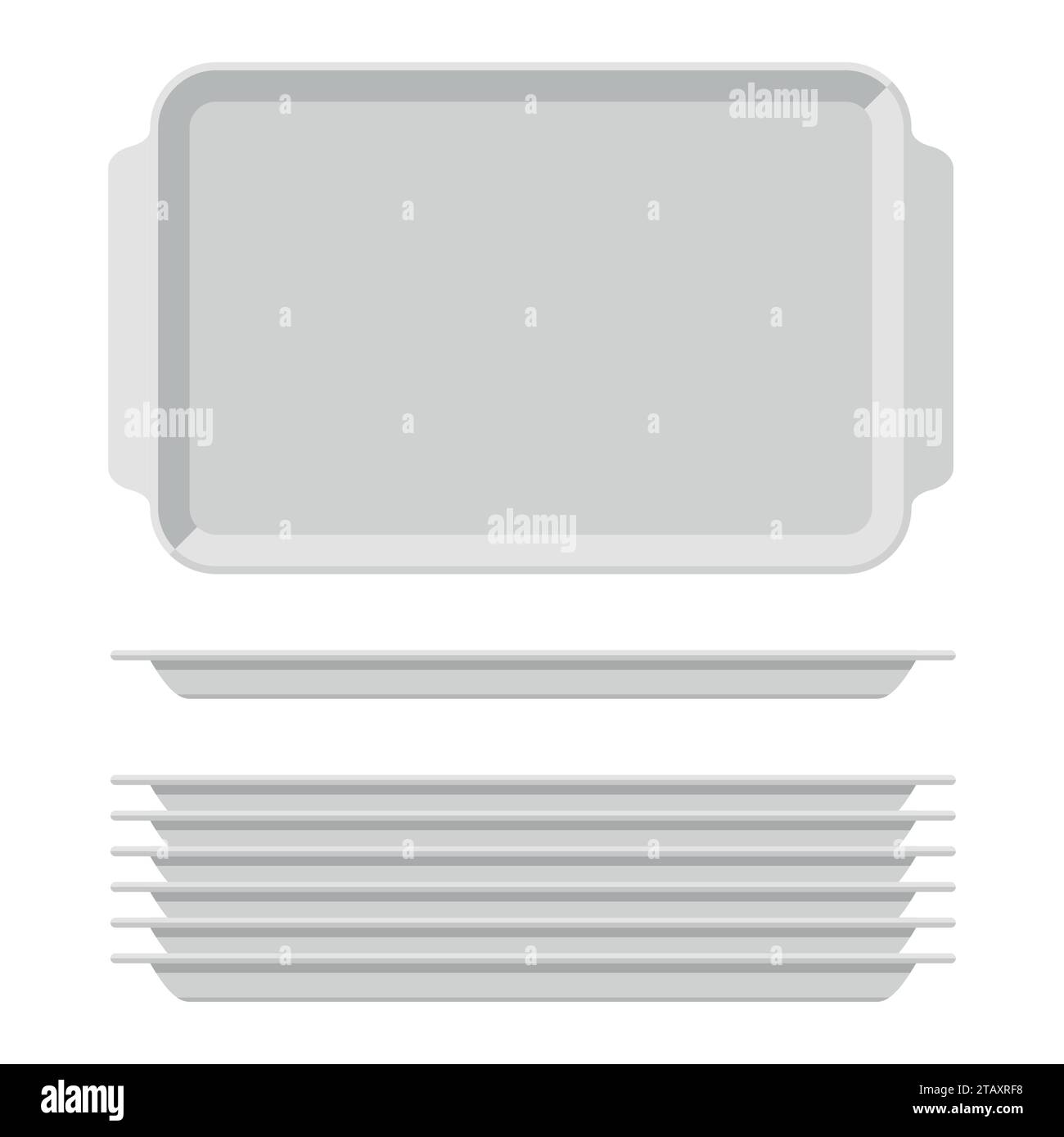 Weißes leeres Tablett-Set mit Griffen. Rechteckige Küchen-Salver isoliert auf weißem Hintergrund. Kunststoffschale für Illustration der Kantine, Draufsicht Stock Vektor