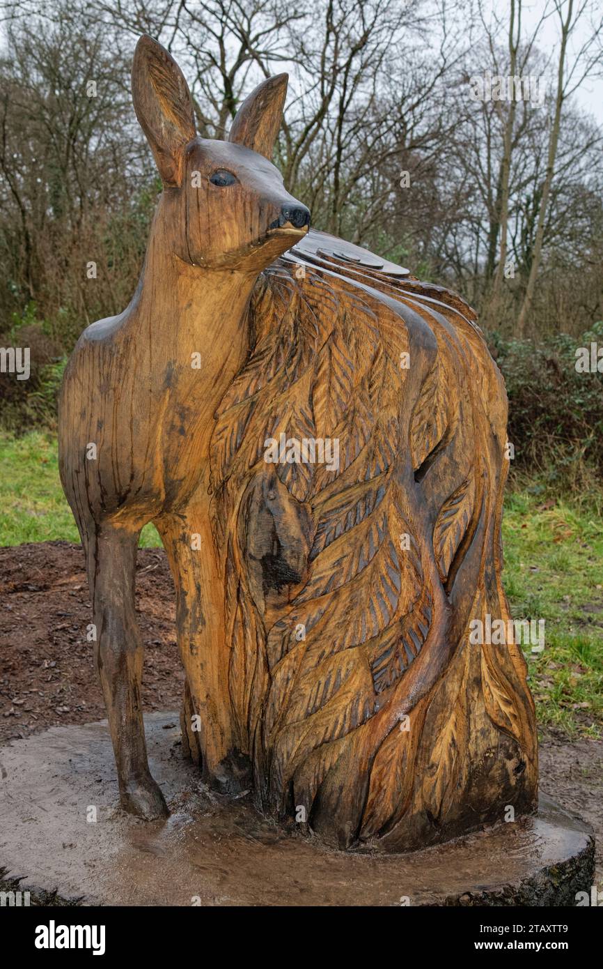 Hirschholzschnitzerei von Andy O’Neill, Teil des Skulpturenpfades im Stoke Park, Bristol, Großbritannien, Januar 2023. Stockfoto