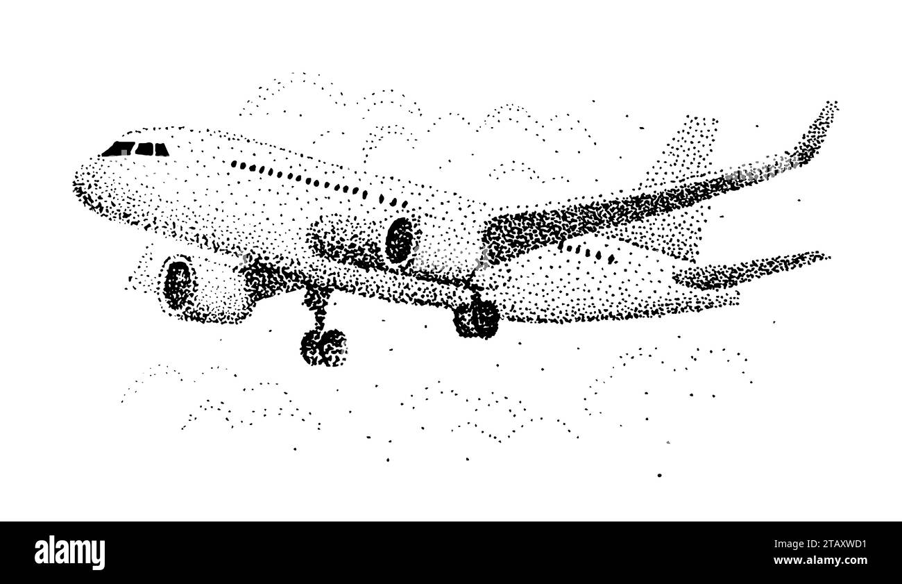 Flugzeug am Himmel. Pointillismus. Gepunktete Zeichnung Stock Vektor