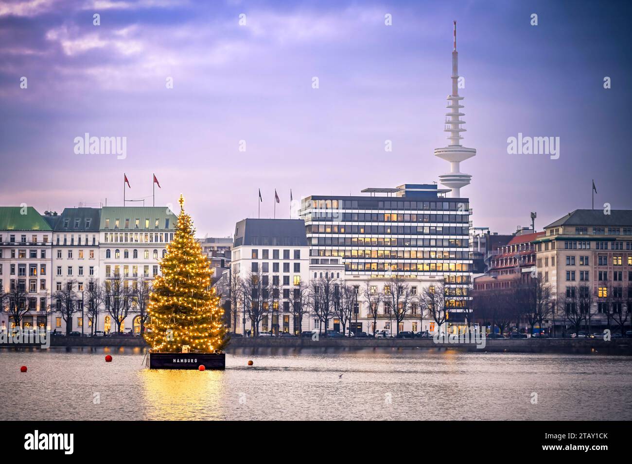 Alstertanne zur Weihnachtszeit auf der Binnenalster in Hamburg, Deutschland, Europa *** Alstertanne zur Weihnachtszeit auf der Binnenalster in Hamburg, Deutschland, Europa Credit: Imago/Alamy Live News Stockfoto