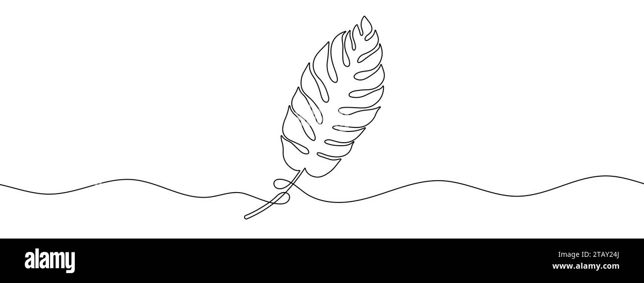 Durchgehende Linienzeichnung tropischer Blätter. Hintergrund einer Zeichnung mit einer Linie. Vektorabbildung. Durchgehende Blattlinie. Stock Vektor