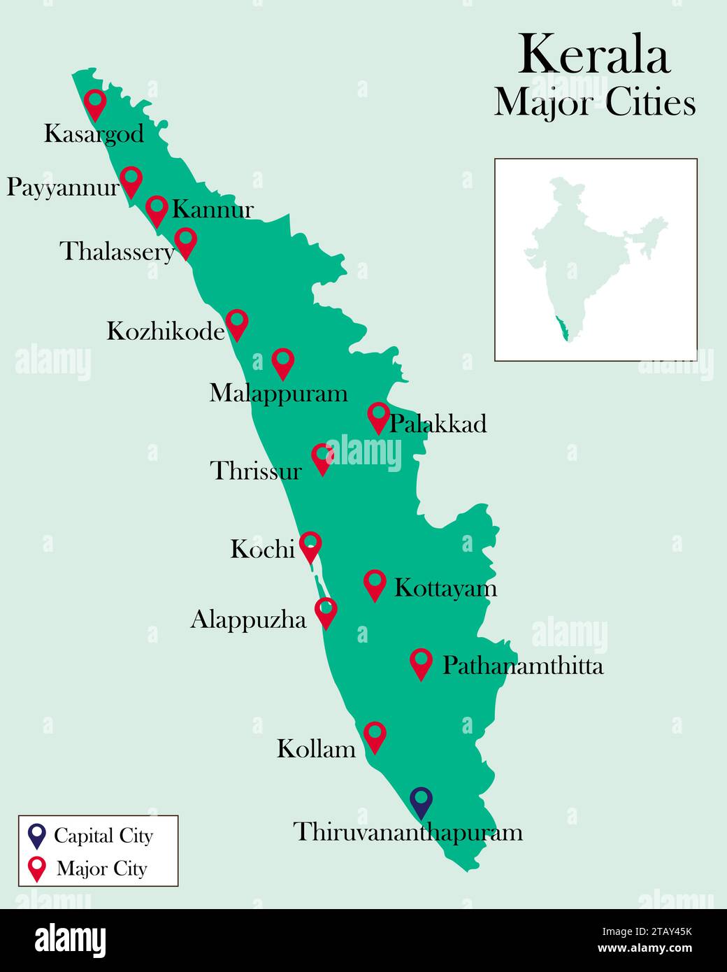 Die wichtigsten Städte von Kerala wurden auf der Karte von Kerala festgeschrieben Stock Vektor