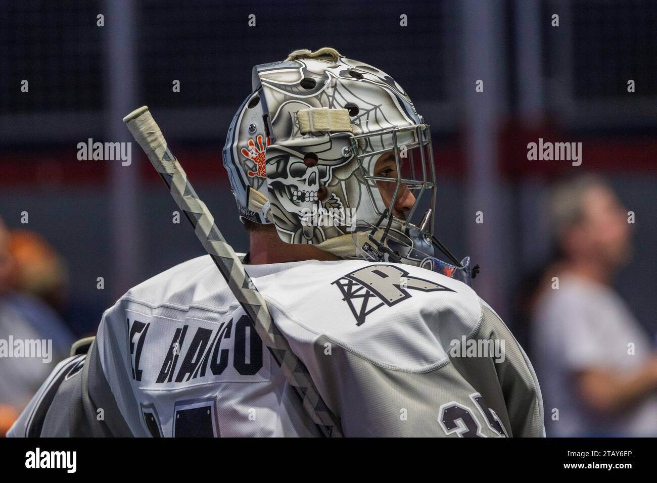 2. Dezember 2023: Calgary Roughnecks Torhüter Christian Del Bianco (35) trifft im ersten Quartal gegen die Rochester Knighthawks. Die Rochester Knighthawks waren Gastgeber der Calgary Roughnecks in einem Spiel der National Lacrosse League in der Blue Cross Arena in Rochester, New York. (Jonathan Tenca/CSM) (Bild: © Jonathan Tenca/Cal Sport Media) Stockfoto