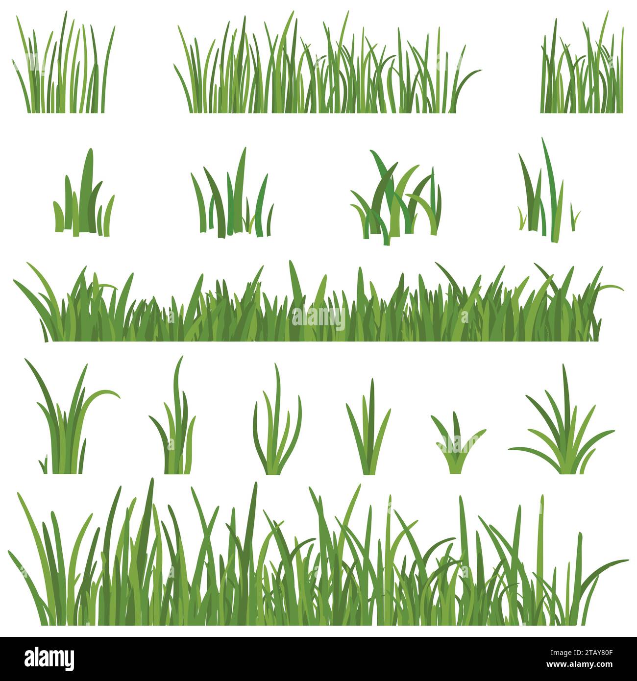 Set aus grünem Gras, isoliert auf weißem Hintergrund. Grashöhen Design-Elemente der Natur. Illustration des Rasenvektors Stock Vektor