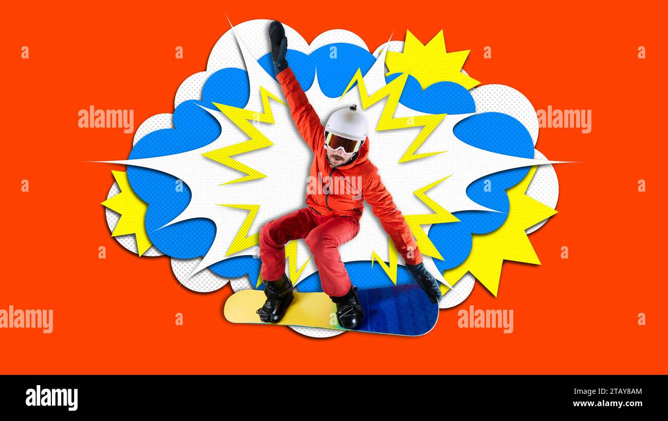 Aktiver Sportler, Snowboarder in Sportbekleidung Snowboarden über hellem Hintergrund. Pop Art. Zeitgenössische Kunstcollage. Kreatives Sportposter Stockfoto