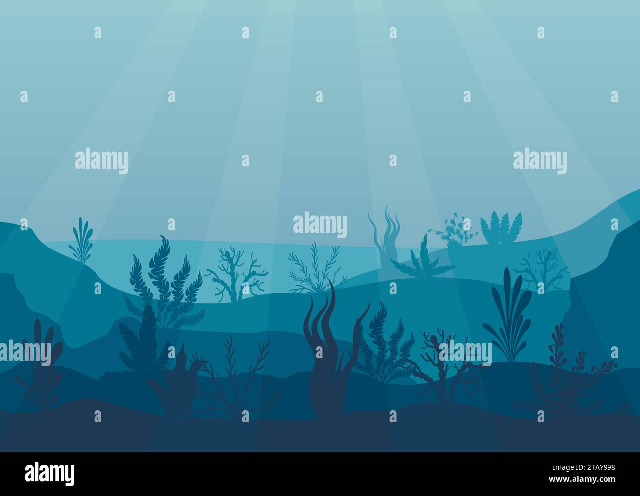 Unterwasserszene. Tiefblaues Wasser, Korallenriff und Unterwasserpflanzen. Meeresboden-Silhouette mit Algen, Algen und Korallen. Stock Vektor