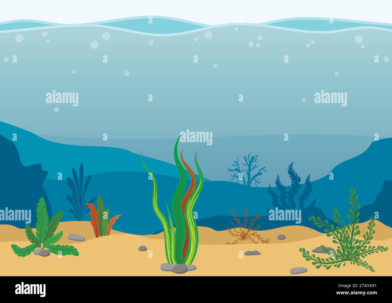 Unterwasserlandschaft mit Algen. Meereslandschaft mit Riff. Meeresboden-Silhouette mit Meeresalgen. Naturszene im flachen Cartoon-Stil. Stock Vektor