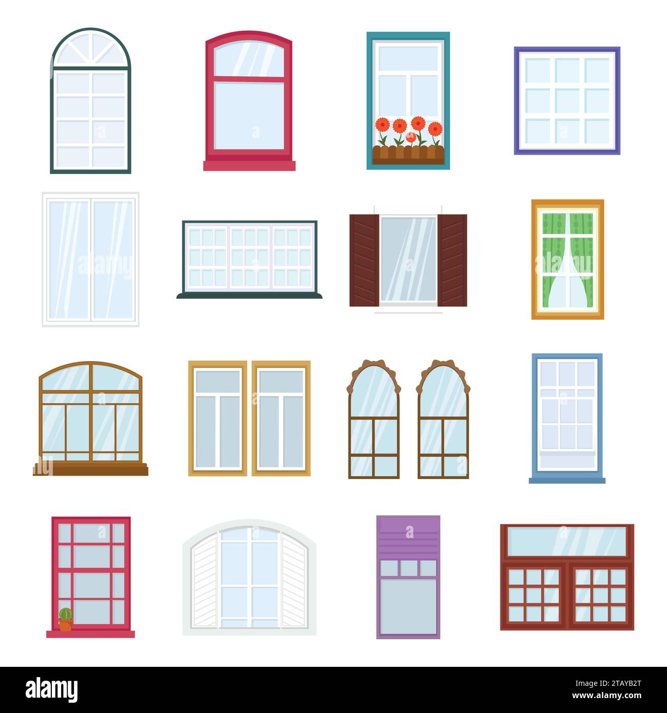 Bunte Fenster. Sammlung von Hausbauten. Innenfenster in verschiedenen Formen in flachem Stil. Architekturdesign Außenansicht oder Außenansicht Stock Vektor