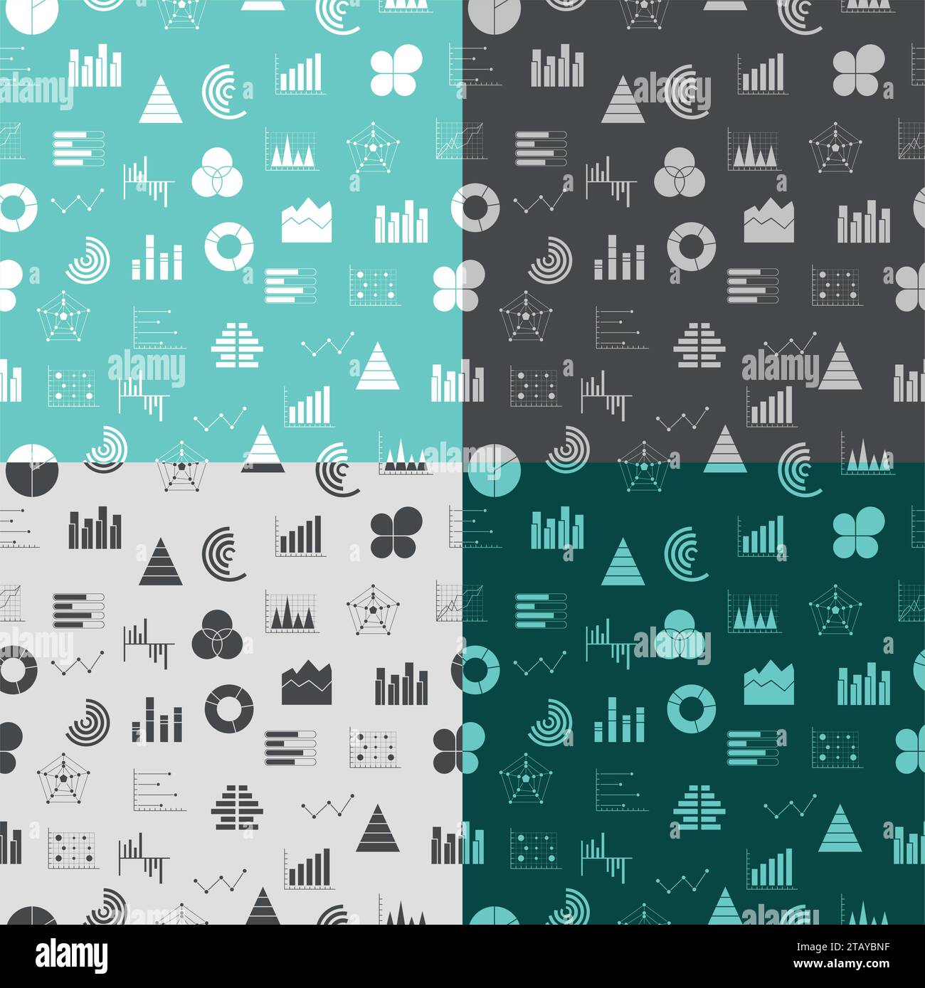 Nahtloses Muster mit Diagrammen und Diagrammen. Symbole für Businessdaten-Diagramme. Finanz- und Marketingdiagramme. Business-Infografik. Flache Symbole festgelegt Stock Vektor