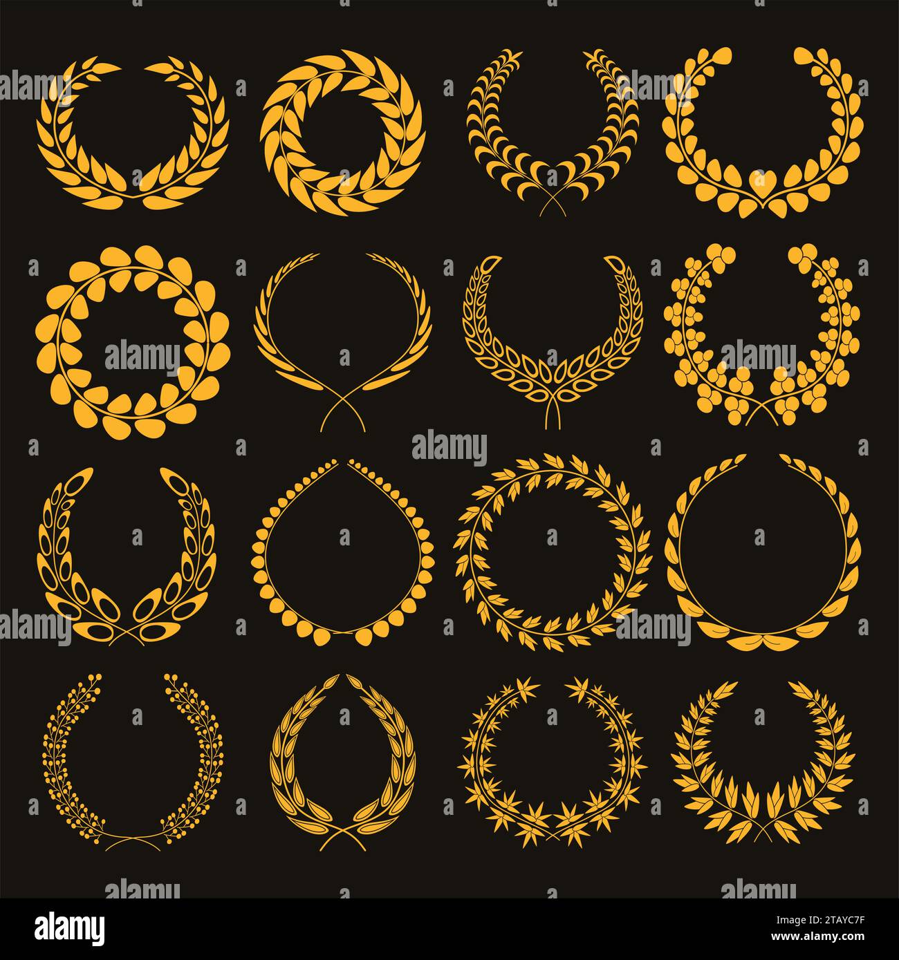 Set von Silhouetten aus goldenen Lorbeerkränzen. Goldkranz-Vektor-Symbole verschiedene Formen isoliert auf weißem Hintergrund. Sieg, Triumph und Belohnung. Stock Vektor