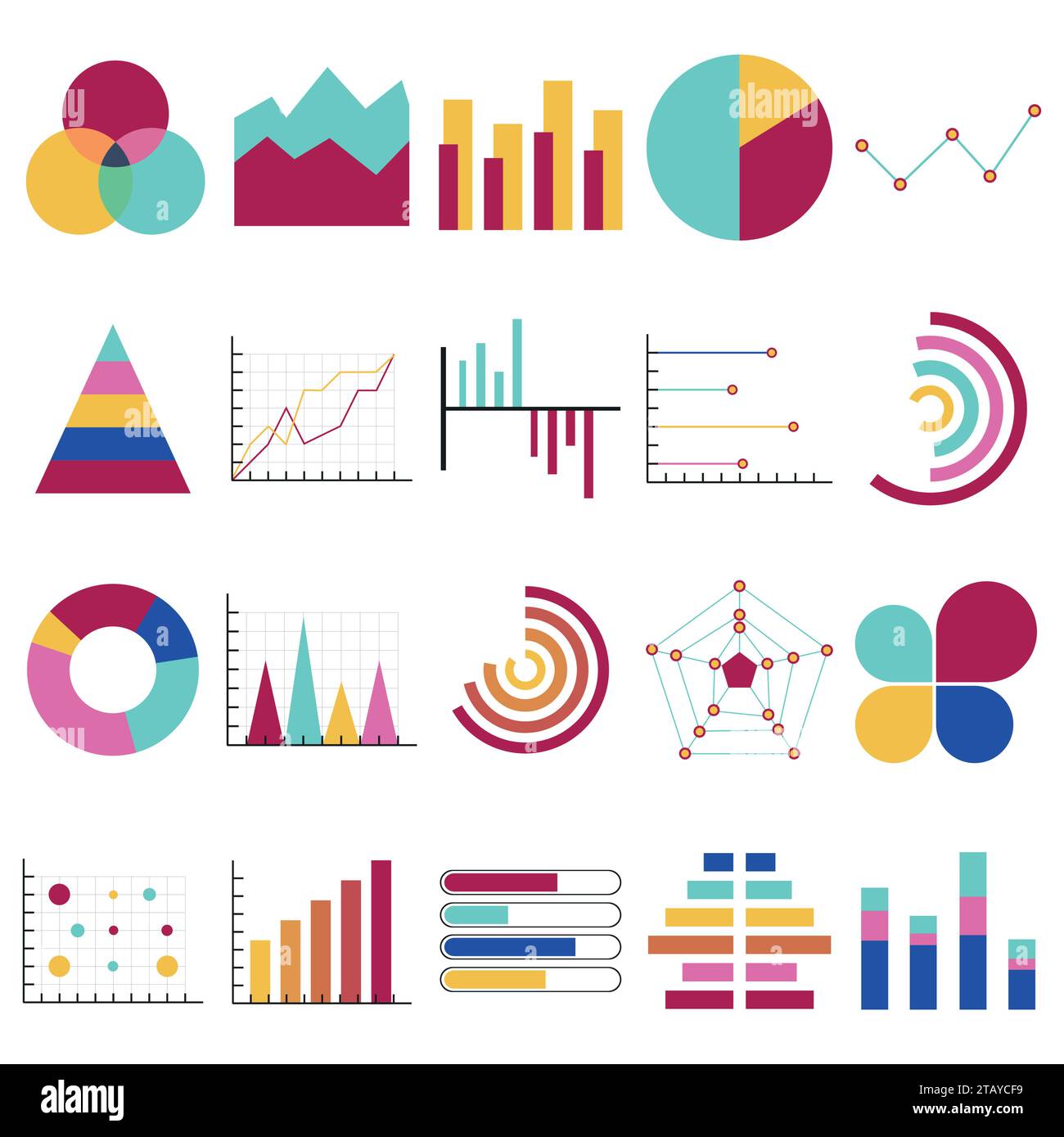 Businessdatendiagramme. Finanz- und Marketingdiagramme. Marktelemente, Punktbalken, Kreisdiagramme und Diagramme. Flussdiagramm der Business-Infografik. Stock Vektor