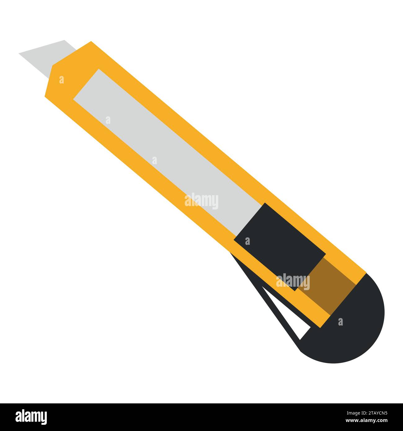 Gelbes Schreibwarenmesser isoliert auf weißem Hintergrund. Bürowerkzeug Symbol Papierschneidemesser in flacher Ausführung. Vektorabbildung Stock Vektor