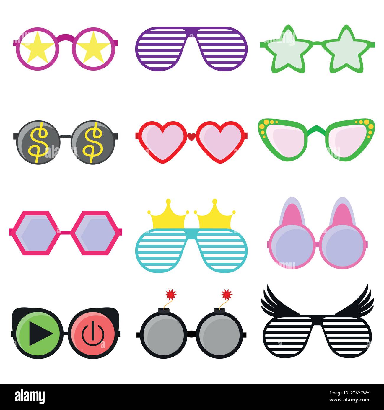 Vector Party Sonnenbrille oder Brille in lustiger Form. Zubehör für Hipster Mode optische Brille Sehsicht. Farbenfrohe Sonnenbrille Stock Vektor