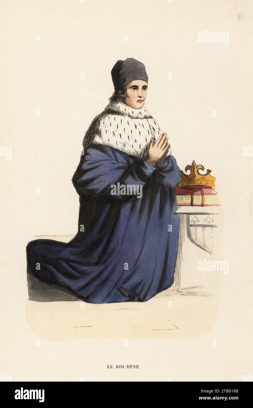 René Herzog von Anjou, Graf von Provence, später König von Neapel, 1409–1480. In schwarzer Samtbarrette, violetter Samtmantel mit Hermelinkragen. Nach einem Triptychon von Nicolas Froment in der Kathedrale von Aix. Le ROI Rene, 15. Jahrhundert. Handkolorierter Holzschnitt aus dem Kostüm du Moyen Age, mittelalterliches Kostüm, Librairie Historique-Artistique, Brüssel, 1847. Stockfoto