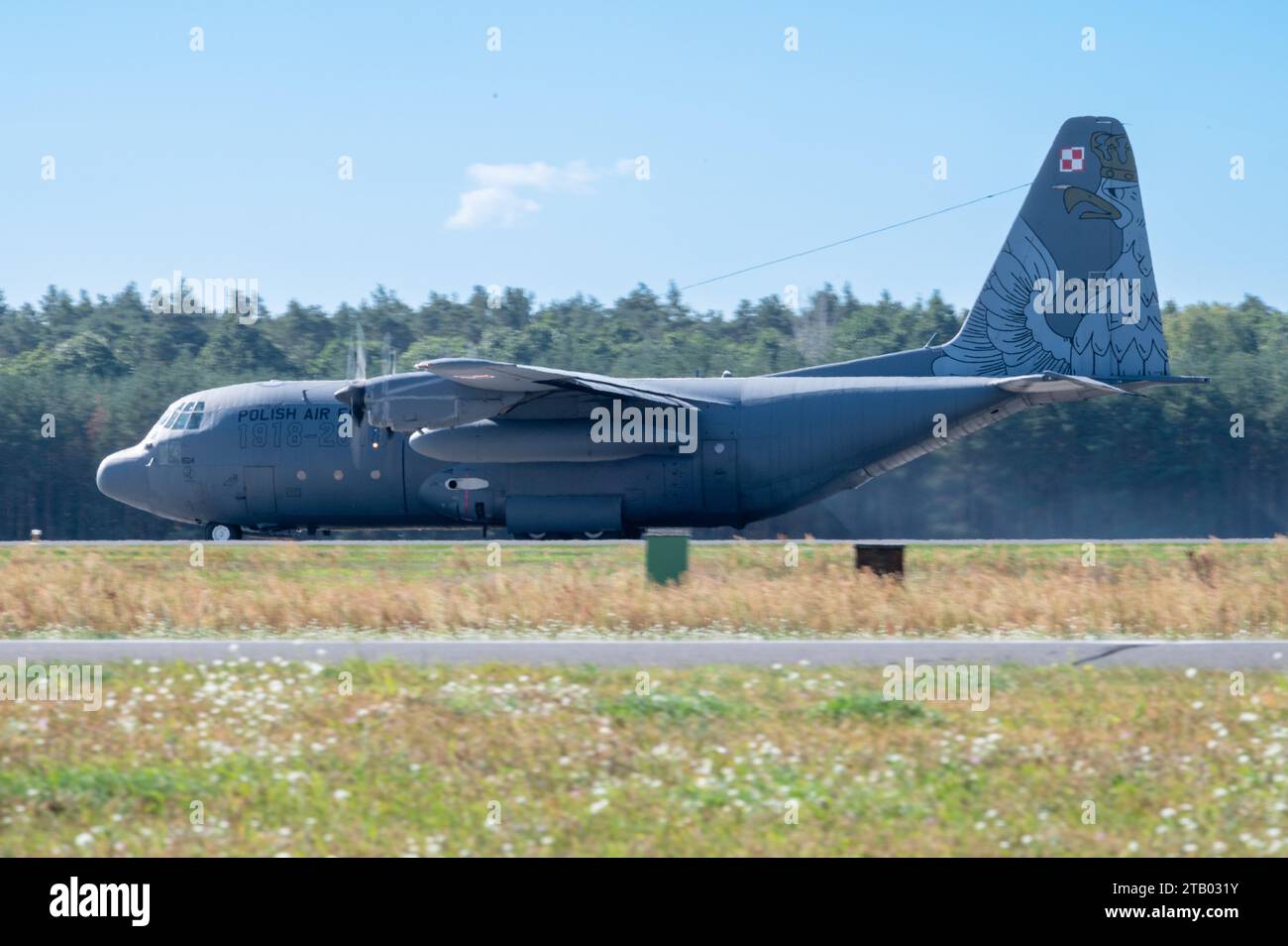 Ein Flugzeug der polnischen Luftwaffe C-130J vom 33. Luftwaffenstützpunkt Polen fährt auf der Landebahn, nachdem es in einer Dreiflugzeugformation mit einem C-130H Hercules Flugzeug vom 182. Luftbrücke der Illinois Air National Guard geflogen ist. und ein C-130J Super Hercules-Flugzeug der 37. Luftbrücke, Ramstein Air Base, Deutschland, aus der 33. Luftwaffenbasis, Polen während der Rotation des Luftwaffenkommandos vom 23. bis 4. September 2023. Übungen wie ADR zeigen, dass die Vereinigten Staaten in der Lage sind, mit NATO-Verbündeten und -Partnern zusammenzuarbeiten, um Bedrohungen abzuschrecken und Frieden und Stabilität in ganz Europa zu unterstützen. AdR ist eine bilaterale Schulungs-EXE Stockfoto
