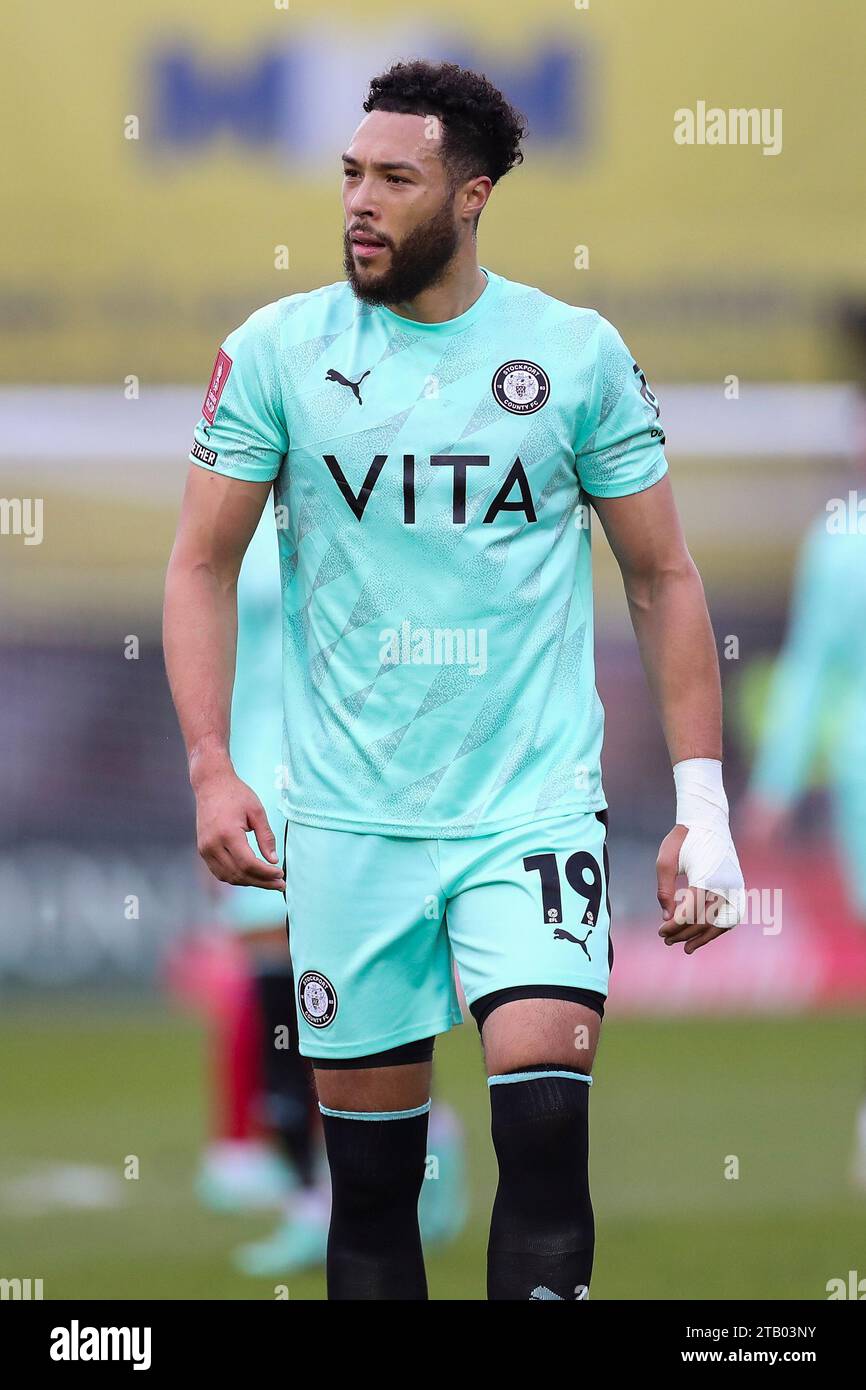 Aldershot, Großbritannien. Dezember 2023. Stockport County Stürmer Kyle Wootton (19) während des Spiels Aldershot Town FC gegen Stockport County FC Emirates FA Cup 2. Runde im EBB Stadium, Aldershot, England, Vereinigtes Königreich am 3. Dezember 2023 Credit: Every Second Media/Alamy Live News Stockfoto