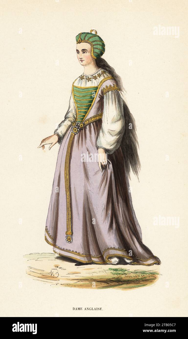 Kostüm einer englischen Dame aus dem 15. Jahrhundert. Elegante Edelfrau aus grünem und goldenem Netzkopf, Bluse mit durchgehenden Ärmeln, lila Kleid mit Mieder und grünem Einsatz. Dame Anglais, XVe Siecle. Handkolorierter Holzschnitt von Pannemaker und M aus dem Kostüm du Moyen Age, mittelalterliches Kostüm, Librairie Historique-Artistique, Brüssel, 1847. Stockfoto