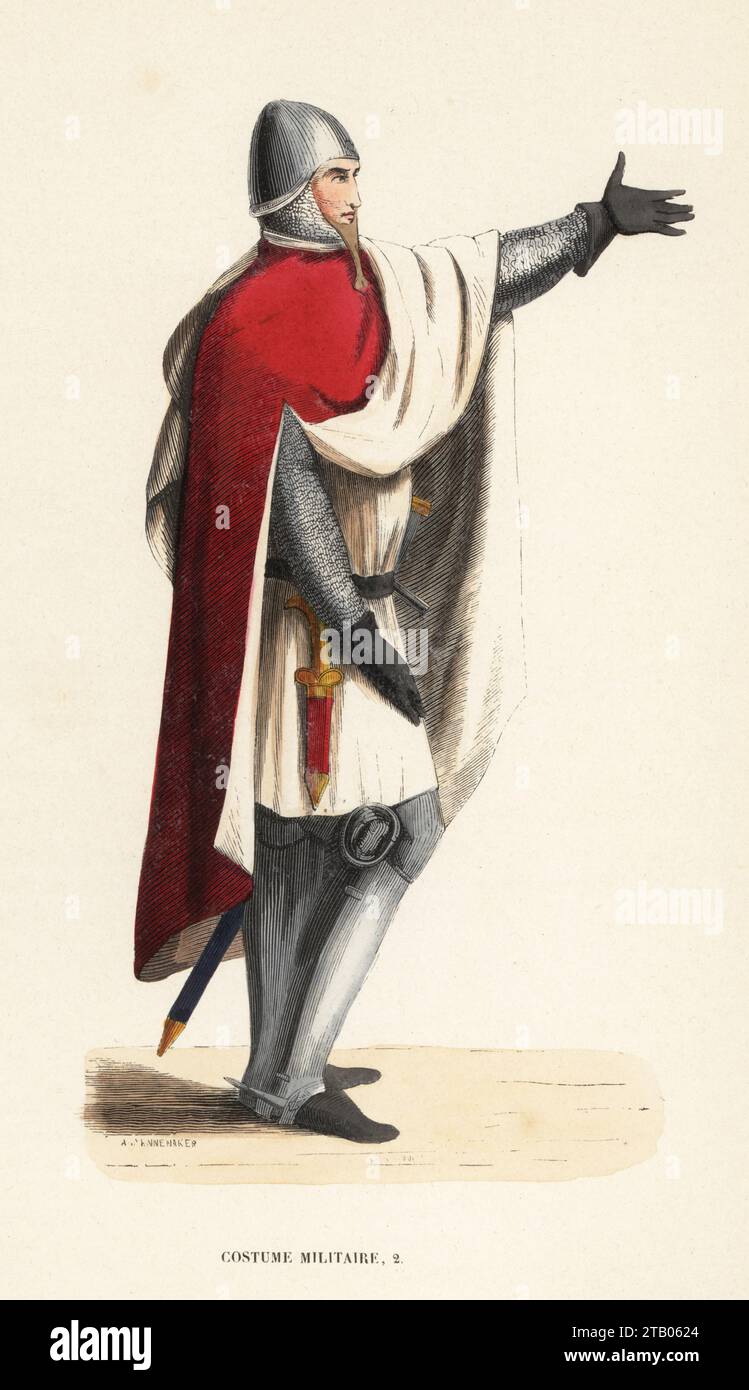 Italienisches Militärkostüm, 14. Jahrhundert. In Helm, Kettenpost Hauberk, Scharlach Mantel, weiße Subreveste Tunika, Schwert mit Scharlach. Aus dem Grab von Mastino II della Scala, Verona. Kostüm Militär, XIVe Siecle. Handkolorierter Holzschnitt von AT. Pannemaker aus Kostüm du Moyen Age, mittelalterliche Kostüme, Librairie Historique-Artistique, Brüssel, 1847. Stockfoto