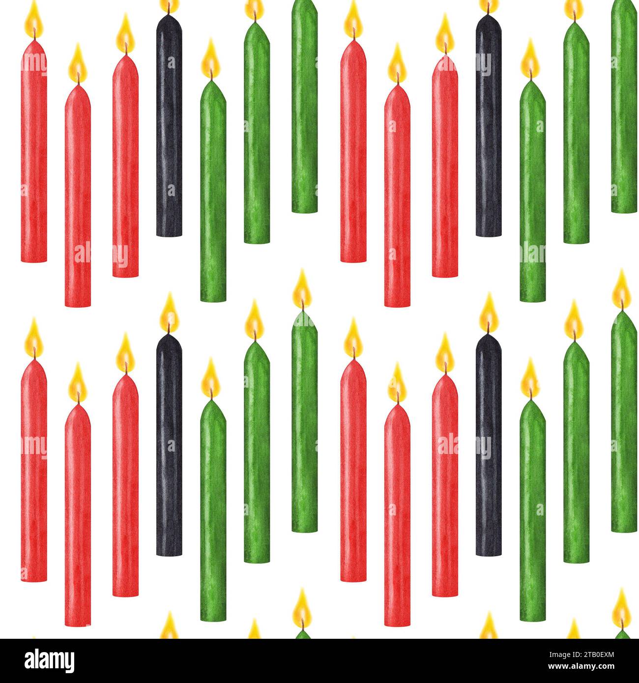 Kwanzaa nahtloses Muster sieben brennende Kerzen, rot-schwarz-grün für Kinara. Afroamerikanischer Urlaub. Schwarzer Monat der Geschichte. Handgezeichnetes Aquarell Stockfoto