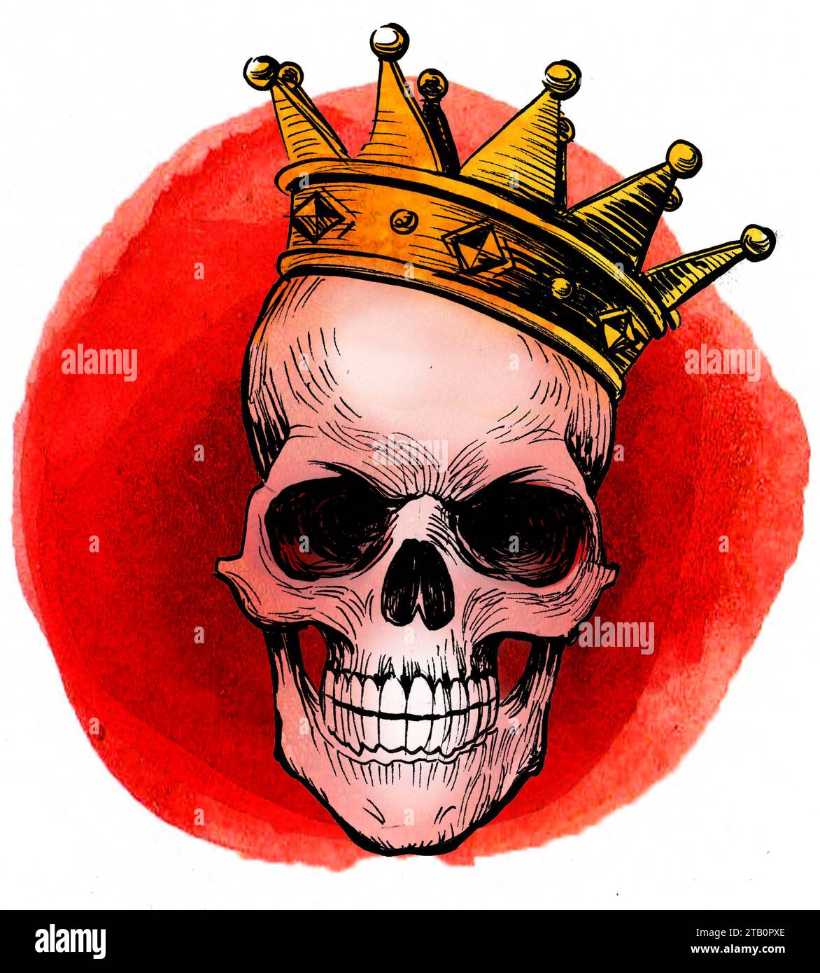 Menschlicher Schädel in goldener Krone. Handgezeichnete Tinte und Aquarellskizze Stockfoto