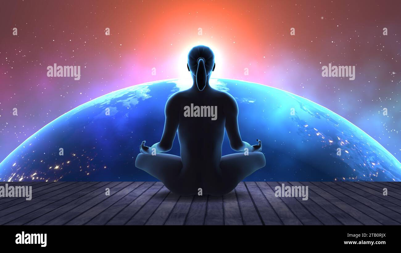 Erde mit Sternen in der Lotusstellung kosmischer Yoga-Meditation Stockfoto