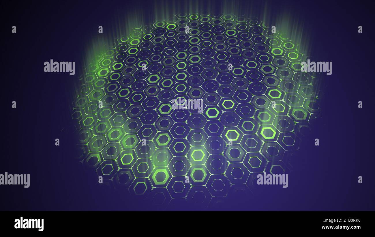 Abstrakter Technologiehintergrund mit grünen leuchtenden Sechsecken Stockfoto
