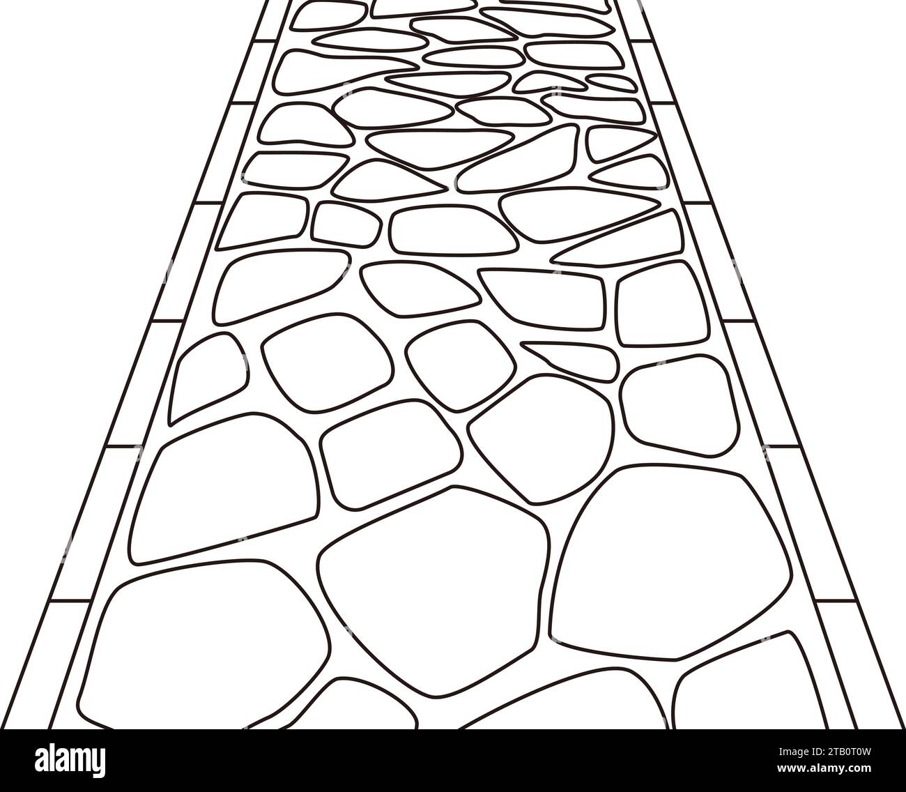 Einfarbige Linienzeichnung aus Kopfsteinpflaster. Bild des Eingangs und der Annäherung an den Schrein. Straße im japanischen Stil. Stock Vektor
