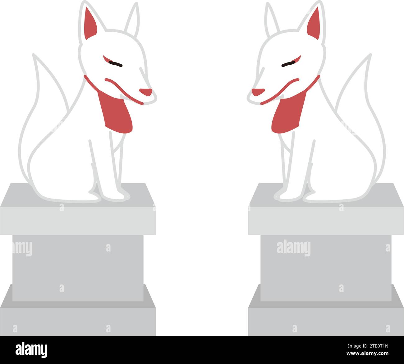 Zwei Inari-Statuen stehen einander gegenüber. Gott der Landwirtschaft in Form eines Fuchses. Stock Vektor