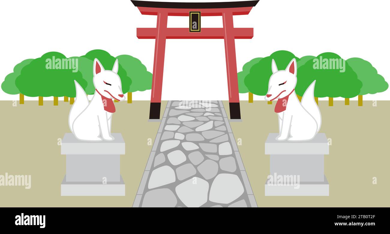 Landschaft mit Schrein-Torii-Tor und Steinstatue von Inari-san. Traditionelle japanische Landschaft. Stock Vektor