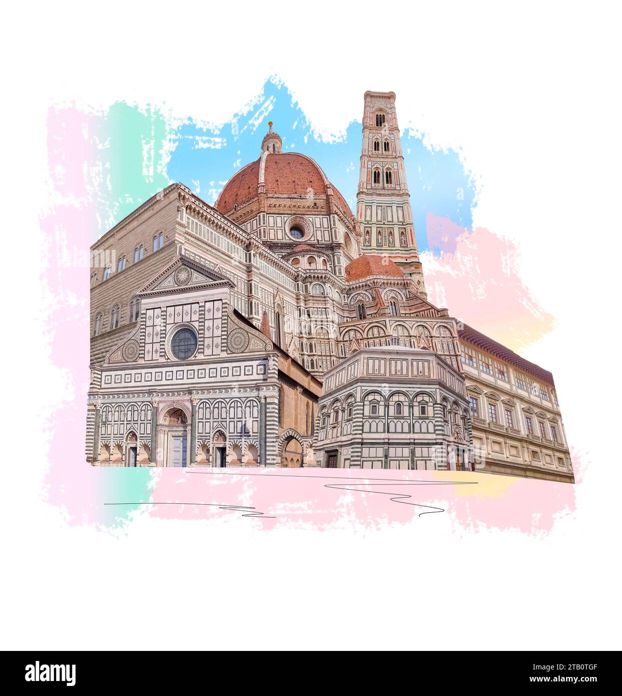 Collage der Wahrzeichen von Florenz, Italien. Basilika Santa Maria del Fiore oder Basilika der Heiligen Maria der Blume in Florenz, Italien. Kunstdesign Stockfoto
