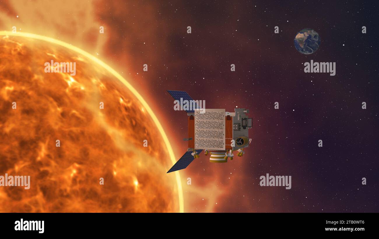 Ein Raumschiff, das im Weltraum um die Sonne schwebt Stockfoto