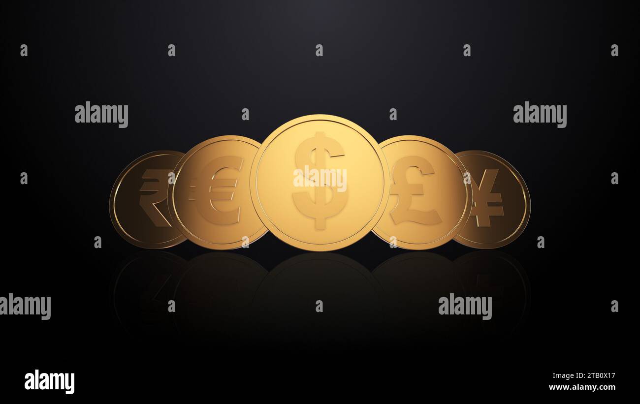 3D-Goldmünzen mit Währungssymbolen, die die globale Finanzdynamik anzeigen Stockfoto