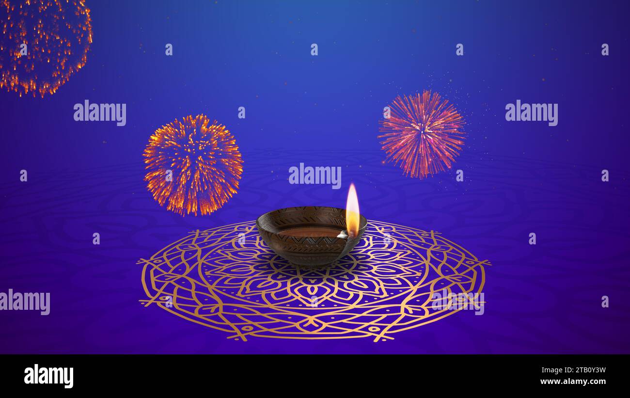 Diwali-Feier mit farbenfrohem Feuerwerk Hintergrund mit Diya-Lampe Stockfoto