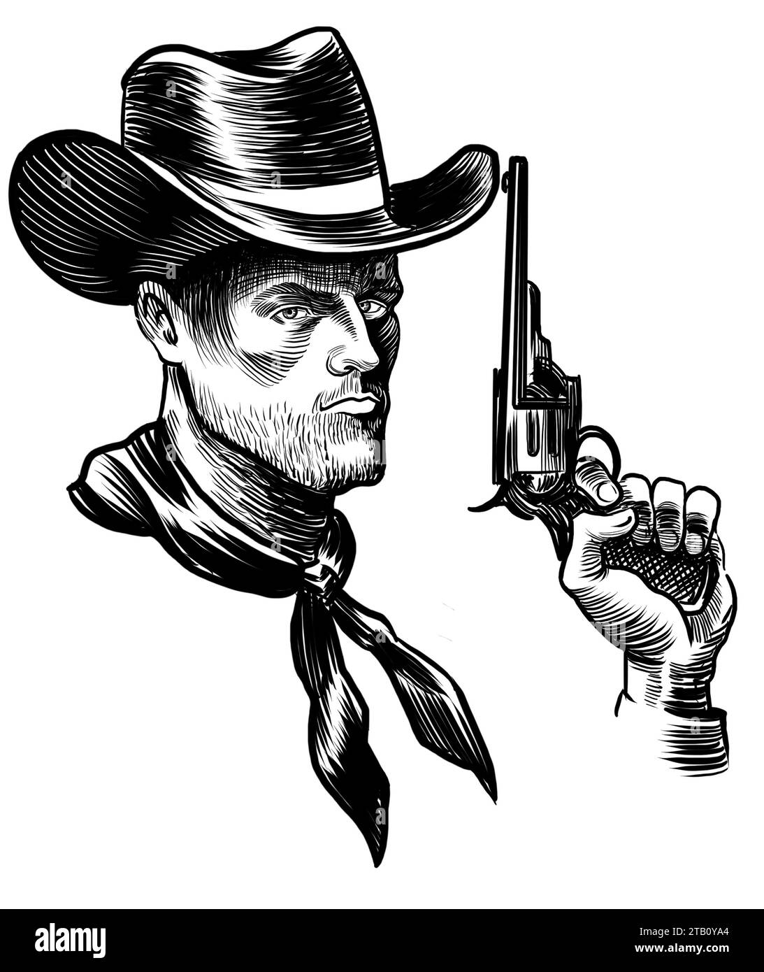 Cowboy mit Revolverpistole. Handgezeichnete Schwarz-weiß-Illustration Stockfoto