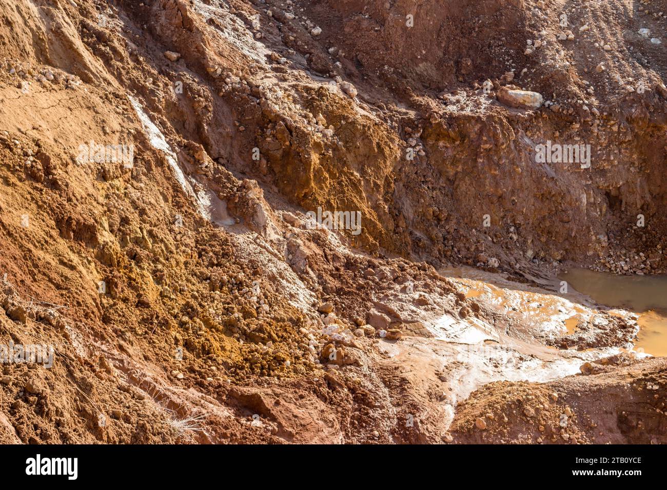 Zähflüssiger Lehm mit Sand, nachdem er nass wurde, Schlamm fließt den Hang hinunter Stockfoto