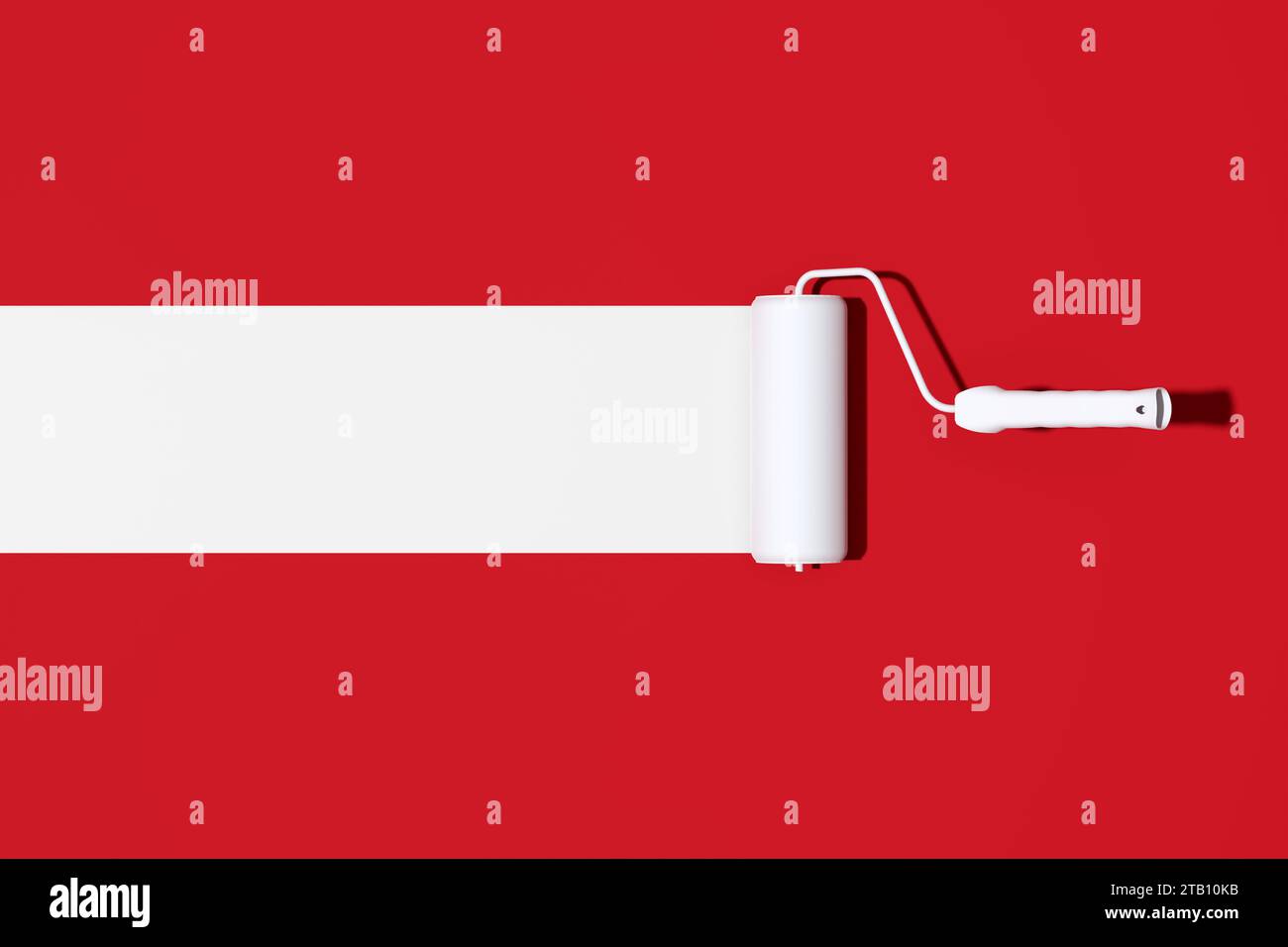 Pinsel mit weißer Farbspur auf rotem Hintergrund. Abstraktes 3D-Rendering. Stockfoto