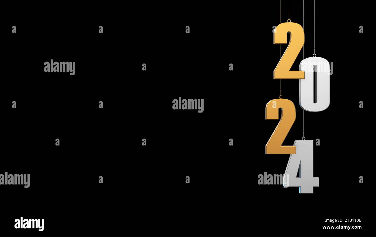 Neujahr 2024 Text hängt an Strings mit Alpha-Matte Stockfoto