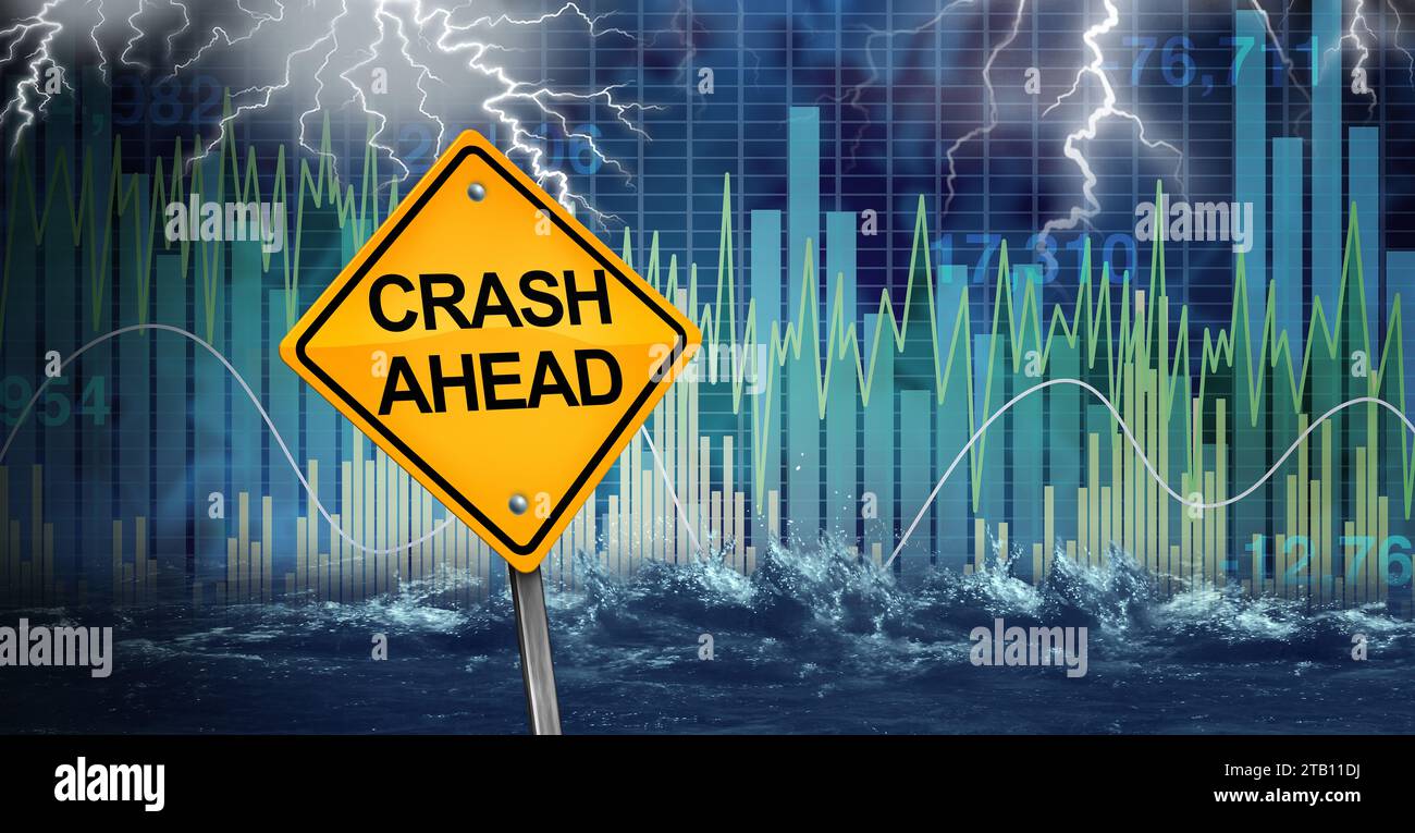 Börsenkrachwarnung als Finanzrisiko- und Investitionsgefahr Krise und Wirtschaftssturm als Symbol für Vermögensverwaltung und Finanzen Stockfoto