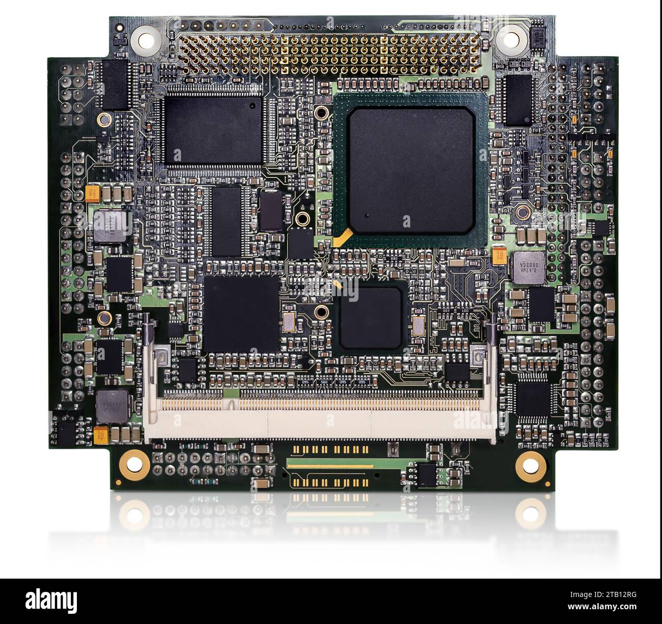 Integrierte PCI-104-CPU-Platine isoliert auf weißem Hintergrund Stockfoto
