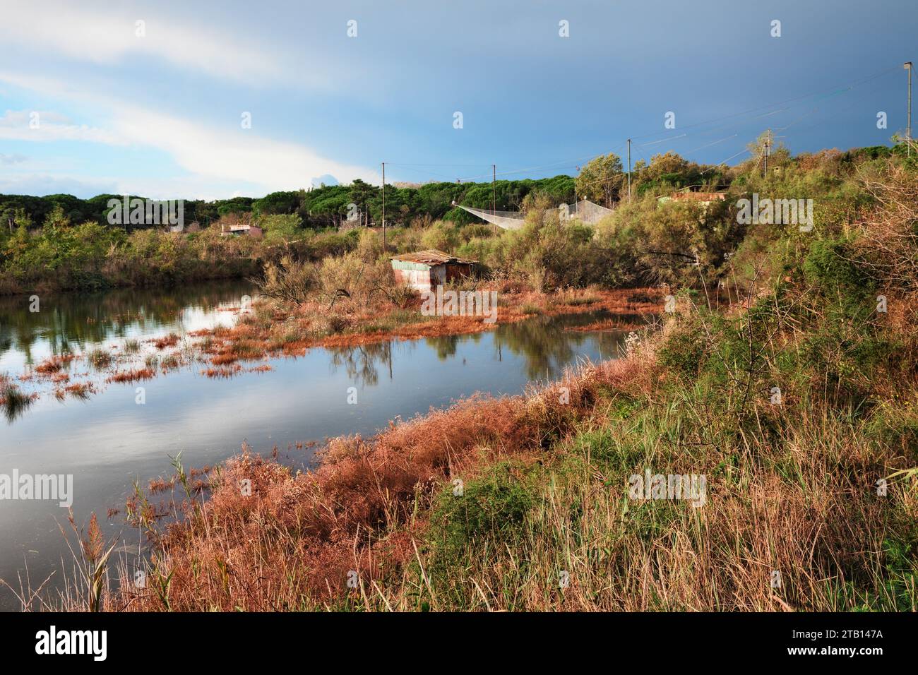 Ravenna, Emilia Romagna, Italien: Landschaft des Feuchtgebiets mit Fischerhütten im Naturschutzgebiet Po Delta Park Stockfoto