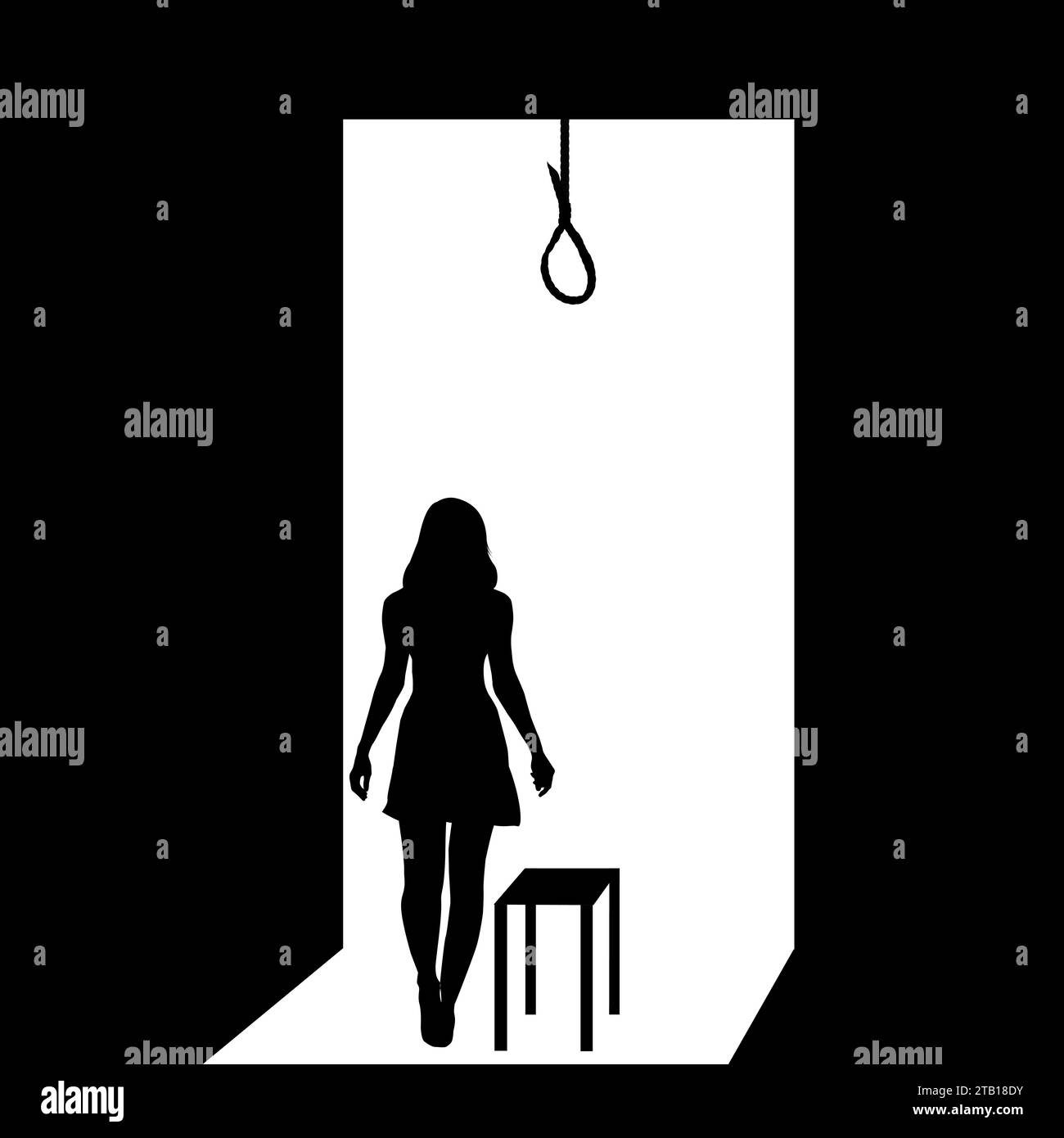 Die Frau will Selbstmord begehen, indem sie am Seil hängt. Stock Vektor