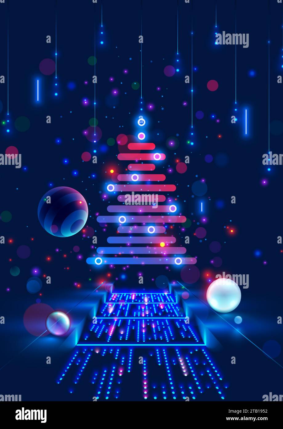 Weihnachtsbaum auf Weihnachtsposter im Computertechnik-Stil. Neujahr, frohe weihnachten Glückwunschkarte im Computerdesign. Vorlage Chri Stock Vektor