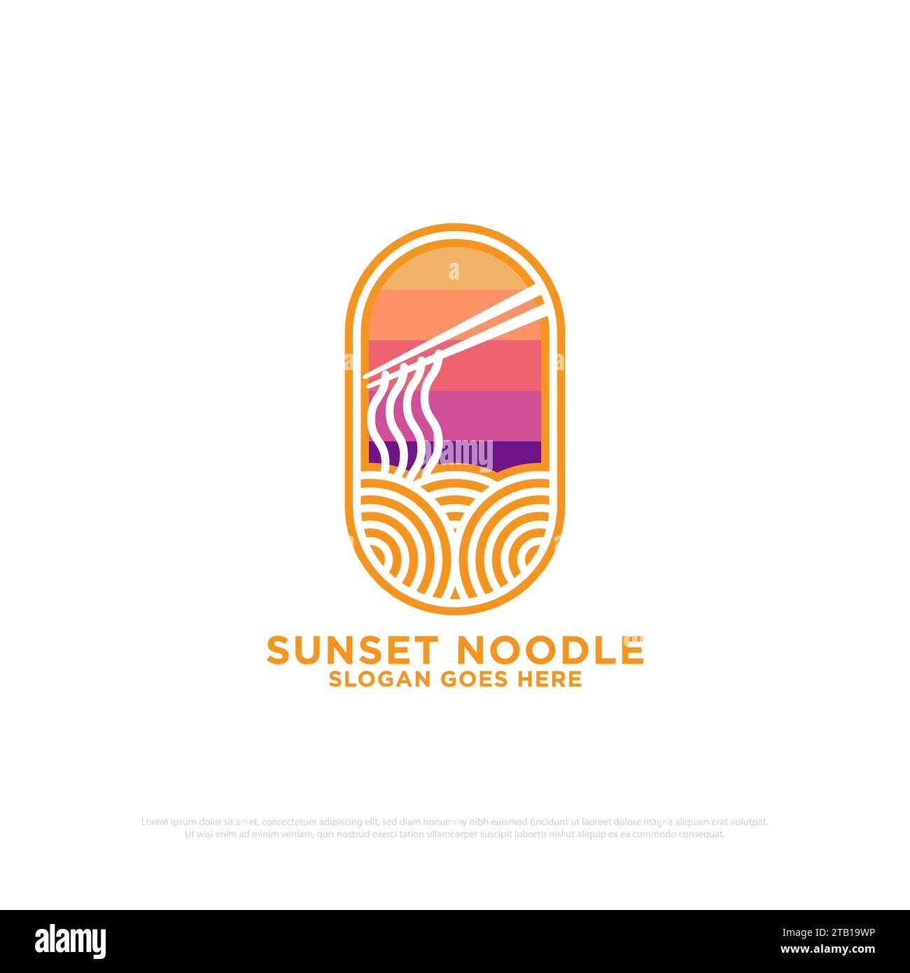 Sunset Nudel Logo Design Vektor, Umriss Lebensmittel und Getränke Vektor Illustration, Natur Outdoor Café Shop moderne Logo Vorlage Stock Vektor