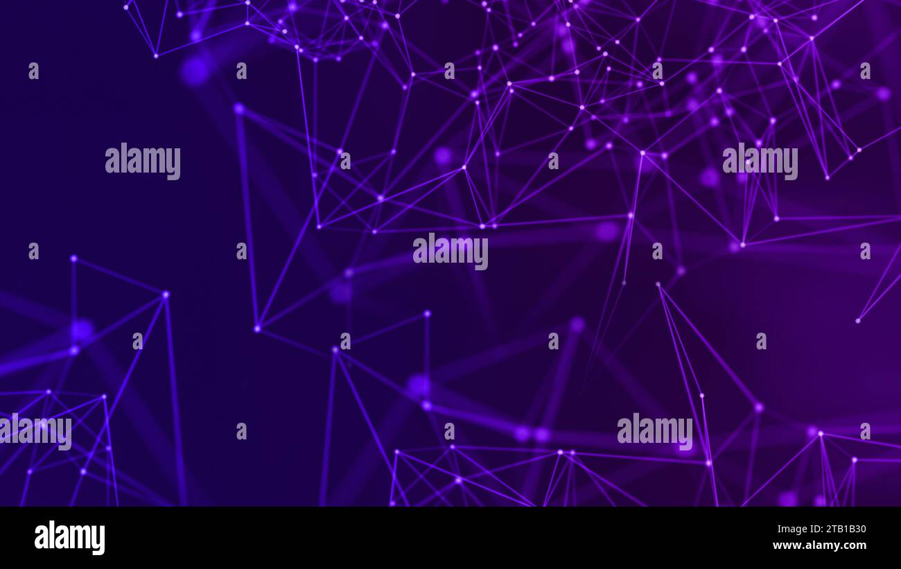 Abstrakter Technologiehintergrund mit Punkten und Verbindungslinien. Violetter digitaler Plexus-Hintergrund, digitale Technologie. Konzept der Verbindungen, Kommunikation Stockfoto