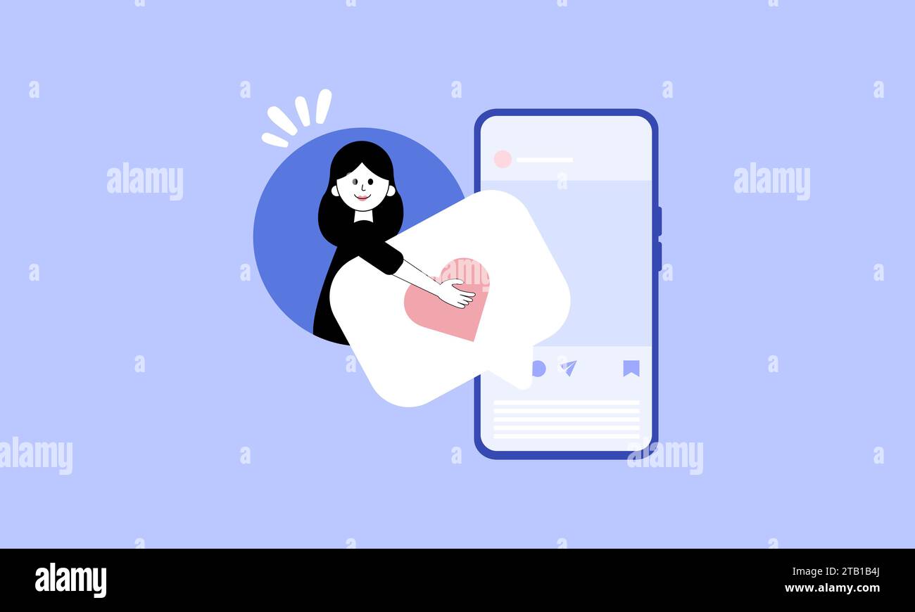 Vektorillustration eines Nutzers mit „Giving Like“ in sozialen Medien, sozialer Online-Plattform. Community von Followern in sozialen Netzwerken, seo-Analyse und Kommunikation Stock Vektor
