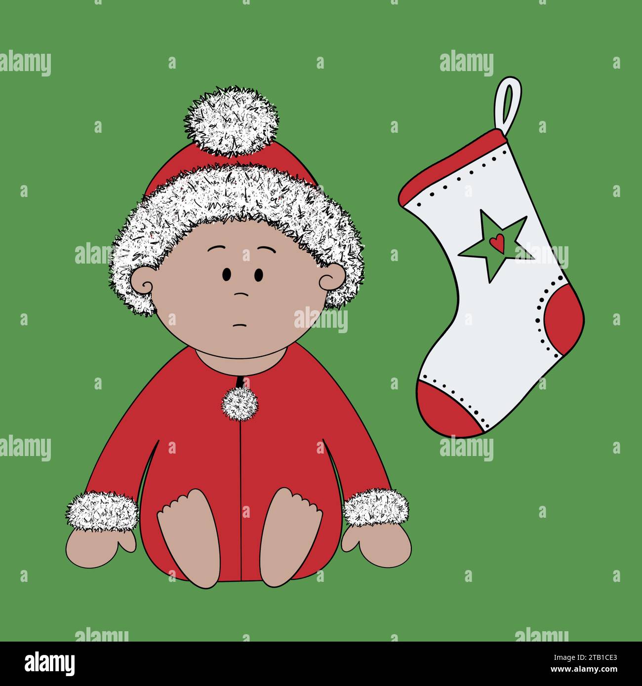 Niedliches Zeichentrickbaby mit Weihnachtsmütze und passendem Strampler. Das erste Weihnachtsfest des Babys. Der Strümpfe ist bereit für das Weihnachtsfest und füllt sich mit Spielzeug und Geschenken Stockfoto